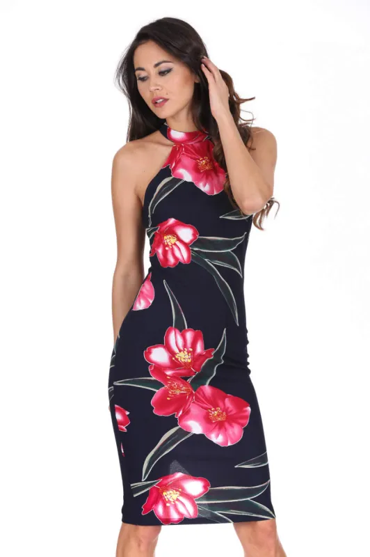 Navy Choker Neck Floral Print Midi Dress sold by AX Paris
