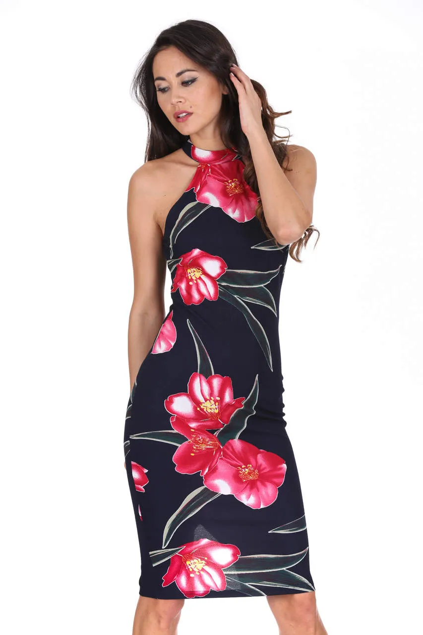 Navy Choker Neck Floral Print Midi Dress sold by AX Paris