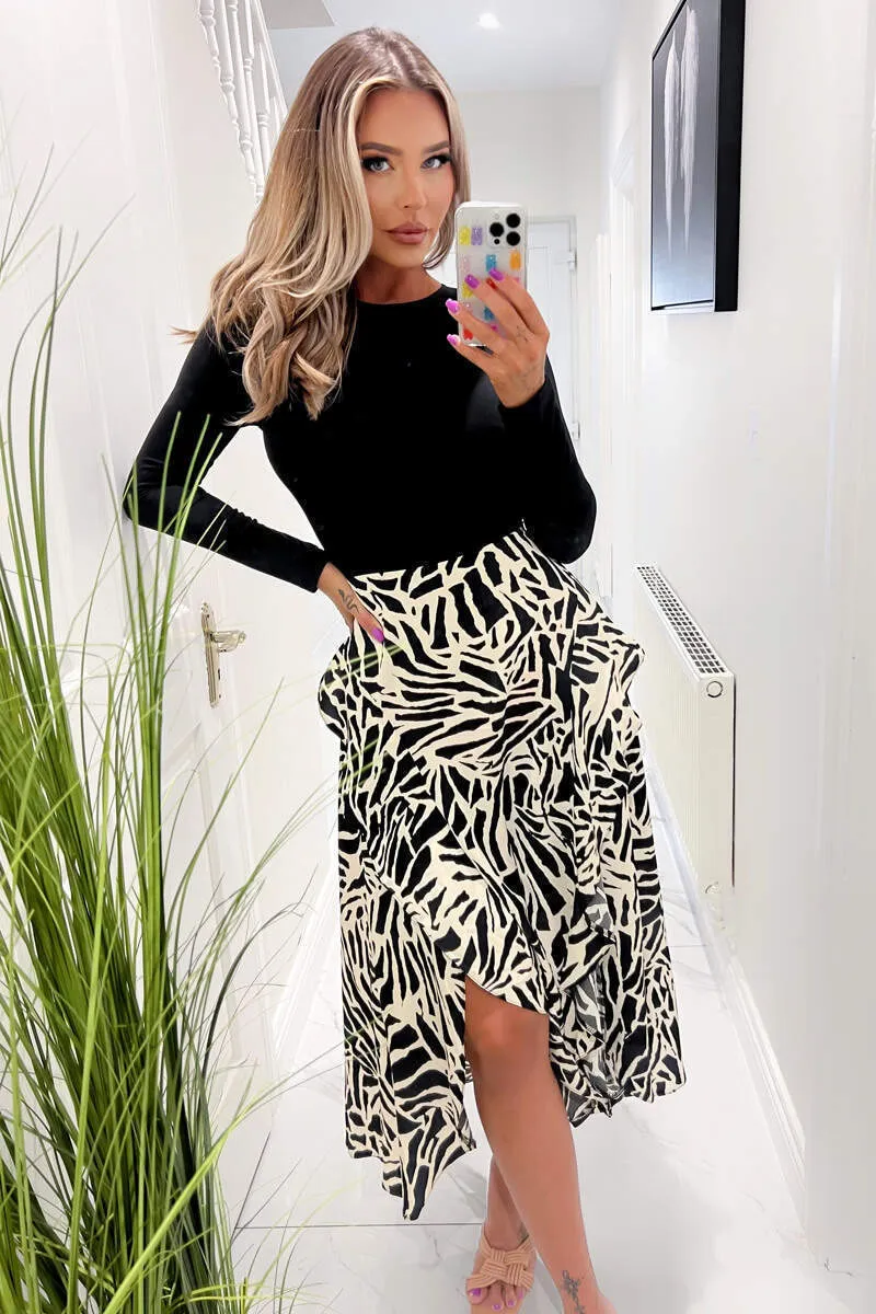 Black And Stone Long Sleeve Double Frill 2 In 1 Midi Dress sold by AX Paris