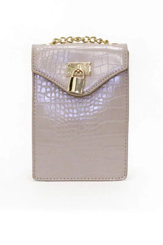 Nude Faux Croc Lock Rectangle Bag sold by AX Paris