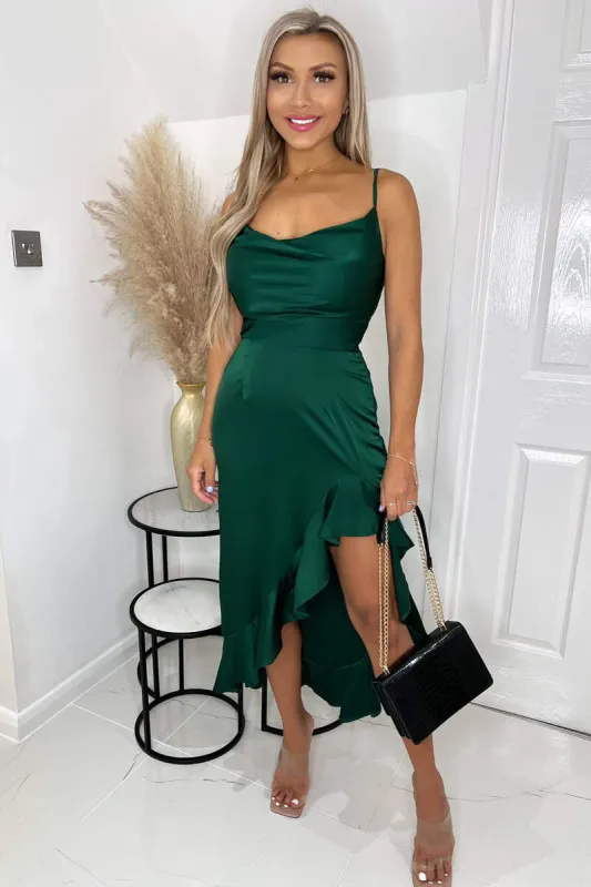 Green Satin Cowl Neck Frill Hem Midi Dress sold by AX Paris