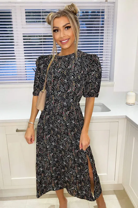 Black Floral Pleated Puff Sleeve Midi Dress sold by AX Paris