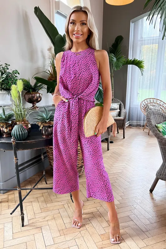Pink And Black Heart Printed Knot Front Jumpsuit sold by AX Paris