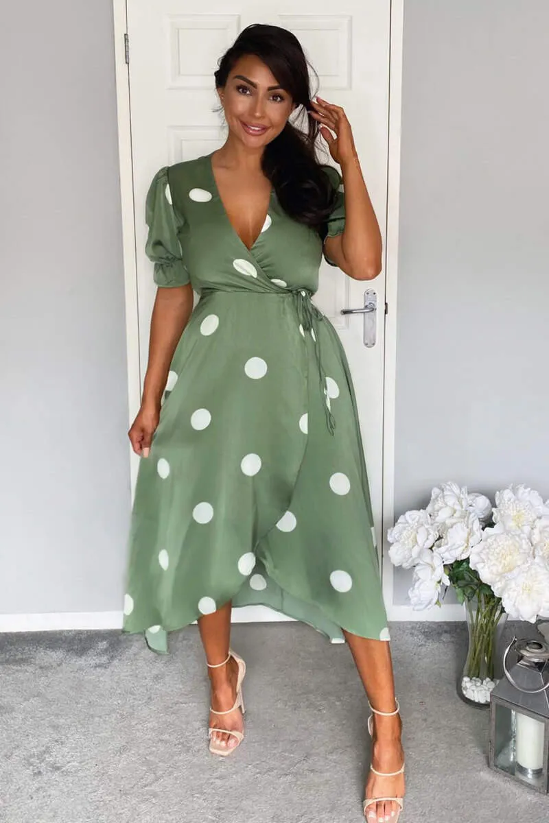 Green Dot Print Wrap Over Midi Dress sold by AX Paris
