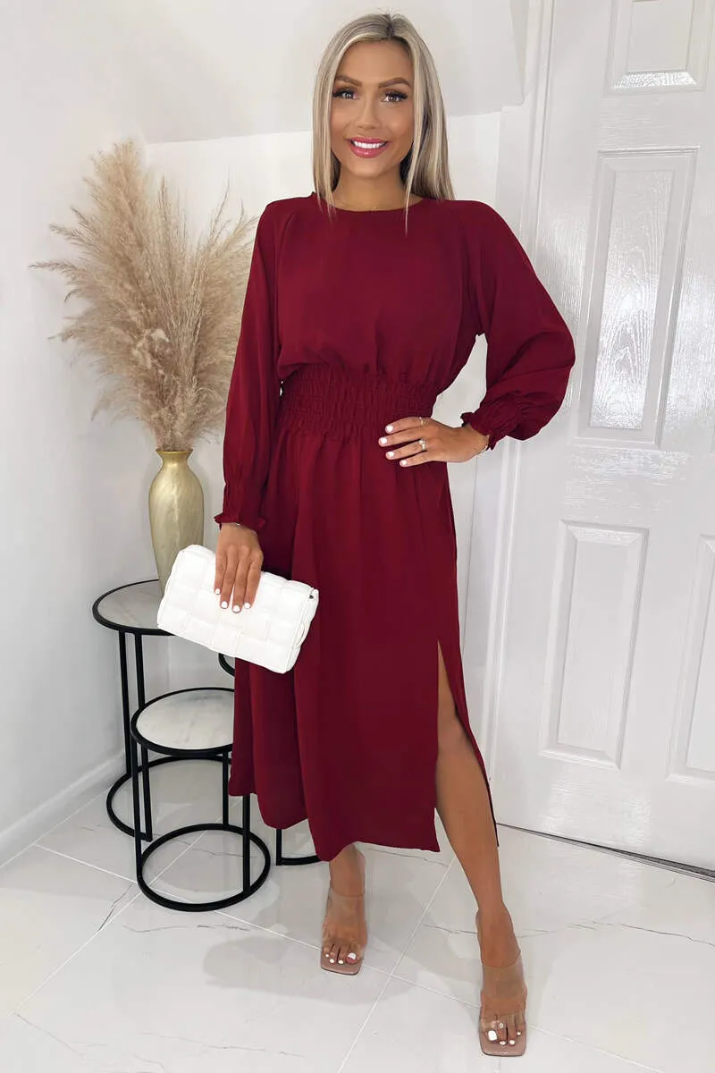 Wine Elasticated Waist Midi Dress With Split sold by AX Paris