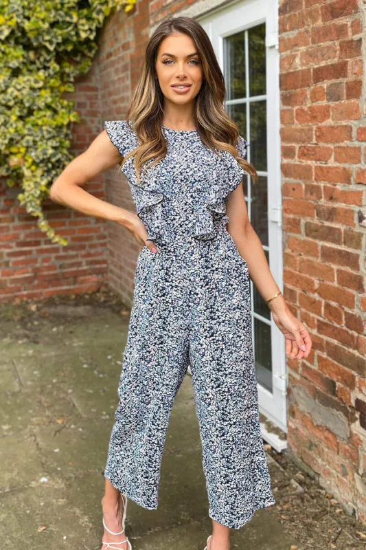 Blue Printed Frill Front Jumpsuit sold by AX Paris