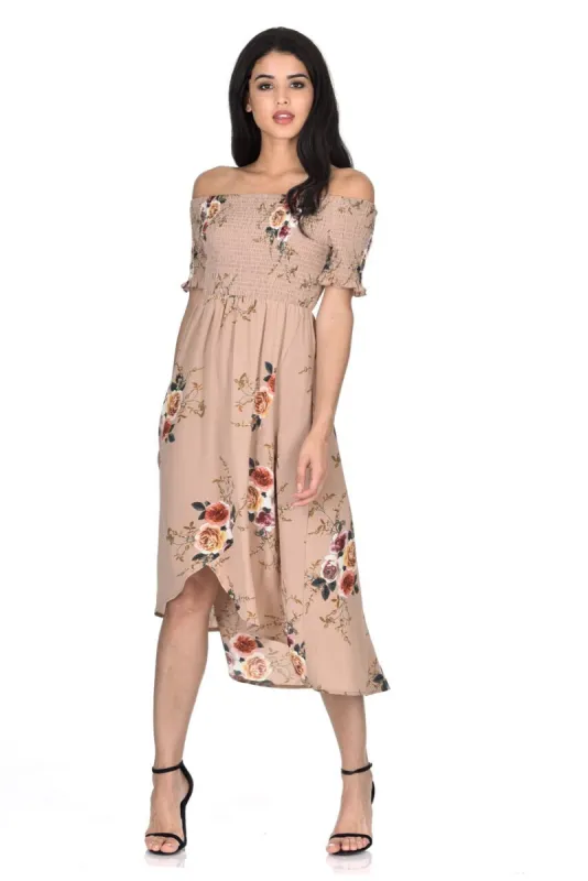 Beige Floral Bardot Printed Dress sold by AX Paris