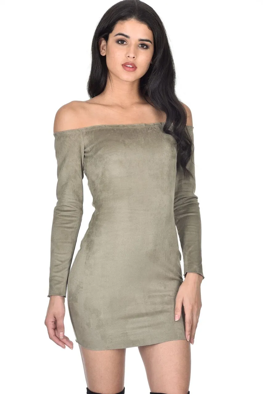Khaki Suede Bardot Mini dress sold by AX Paris