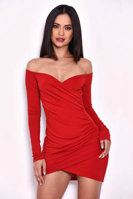 Red Slinky Off The Shoulder Wrap Dress sold by AX Paris