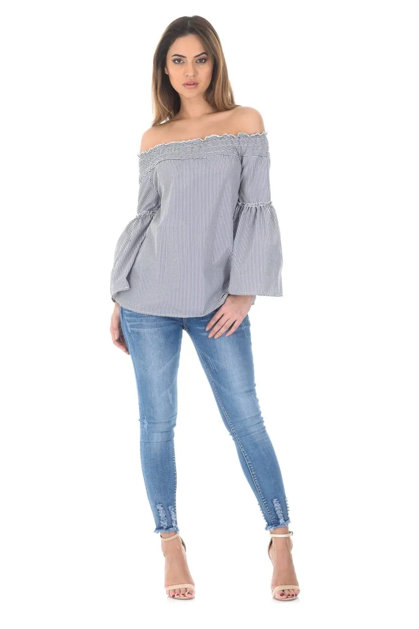 Blue Off The Shoulder Pin Striped Top sold by AX Paris product image thumbnail 2