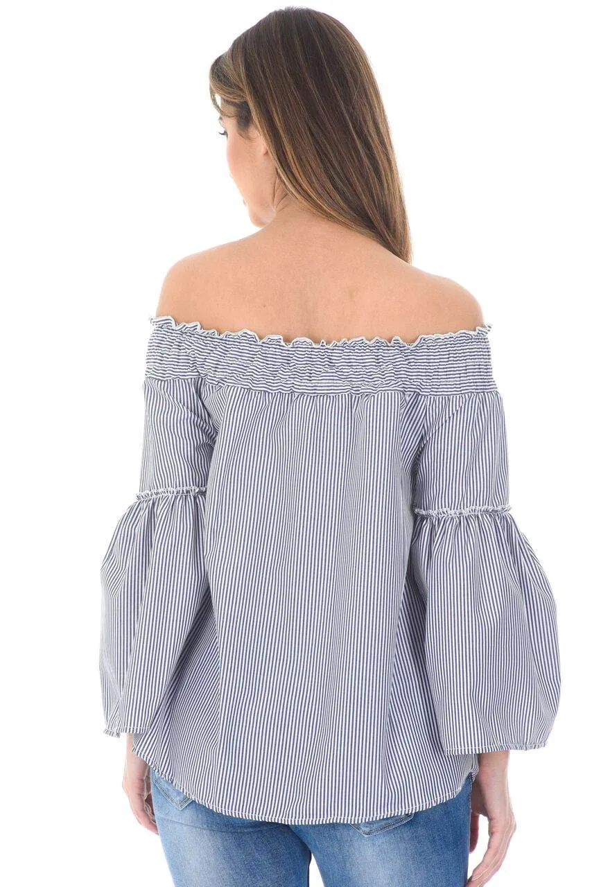 Blue Off The Shoulder Pin Striped Top sold by AX Paris product image thumbnail 3