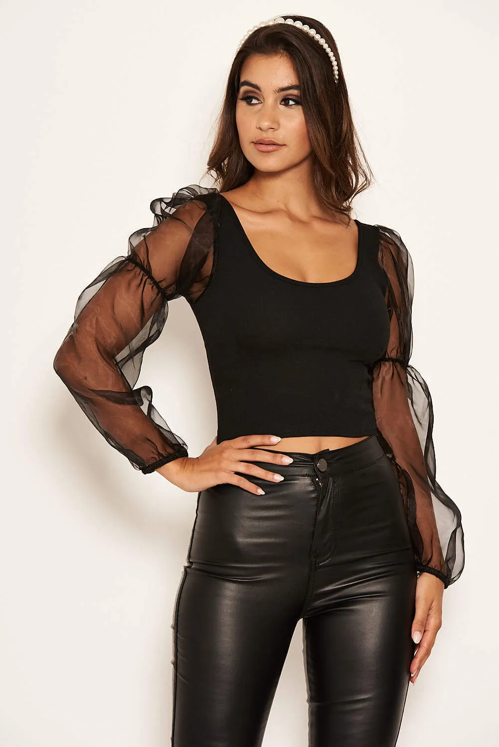 Black Puff Sleeve Crop Top sold by AX Paris