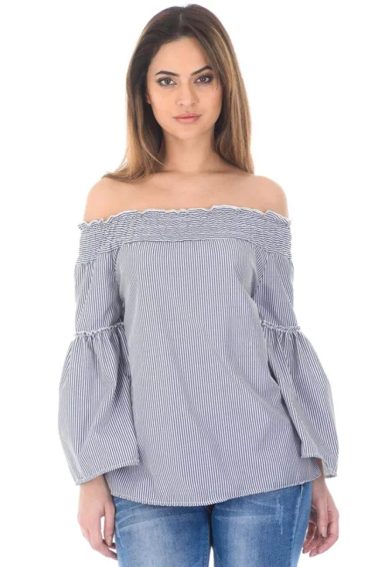 Blue Off The Shoulder Pin Striped Top sold by AX Paris