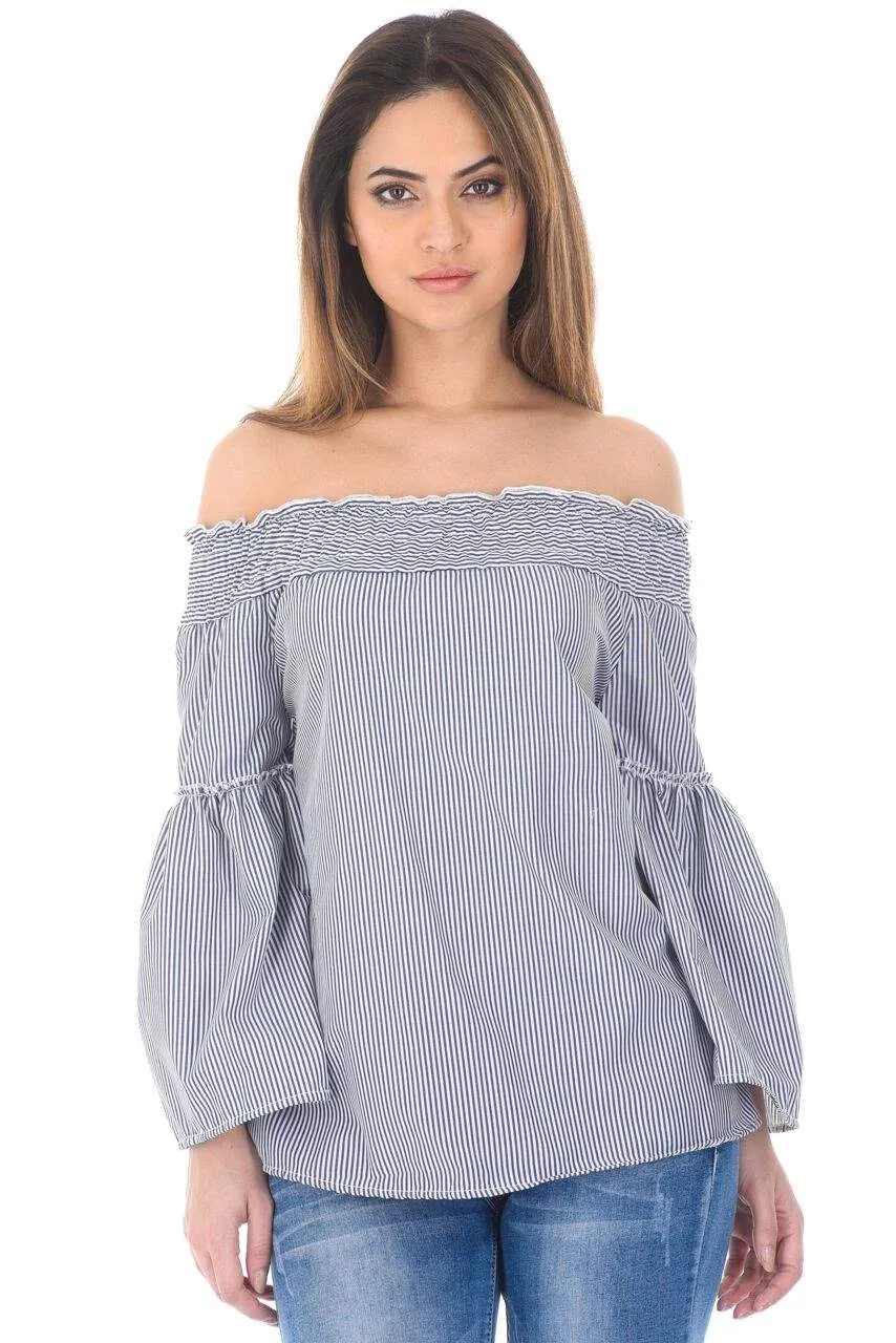 Blue Off The Shoulder Pin Striped Top sold by AX Paris