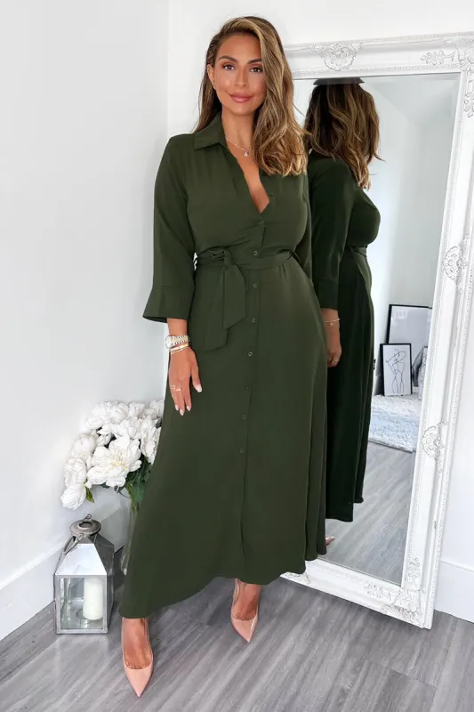 Olive Button Up Midi Shirt Dress sold by AX Paris