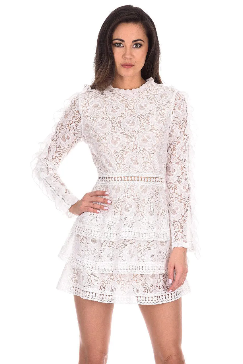 Cream Lace Tiered Mini Dress sold by AX Paris