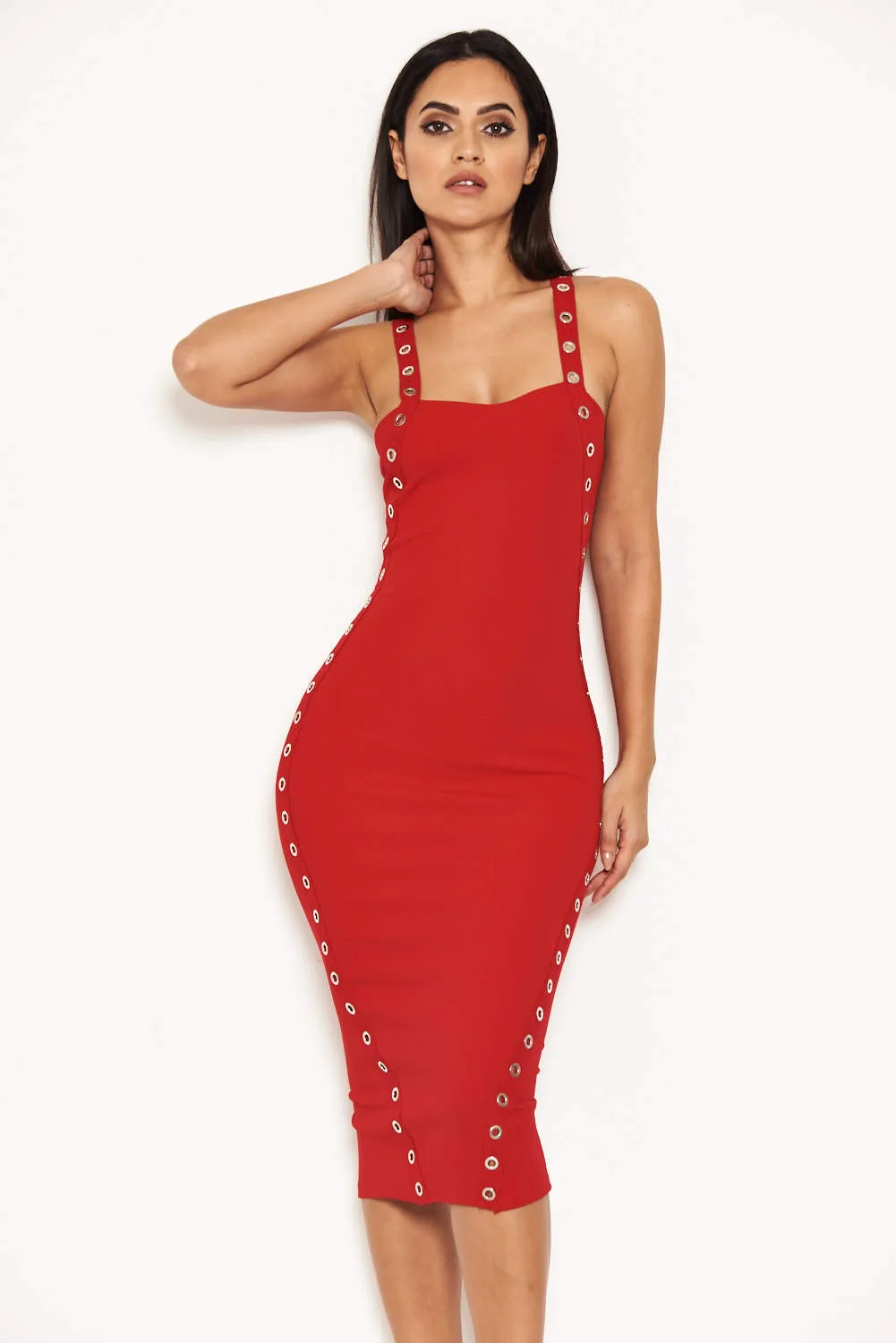 Red Eyelet Detail Bodycon Midi Dress sold by AX Paris