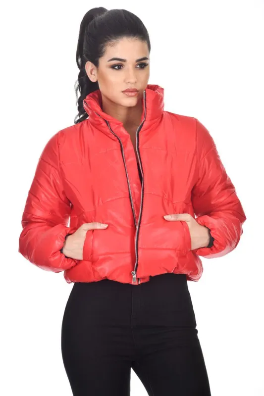 Red Wet Look Puffer Jacket sold by AX Paris