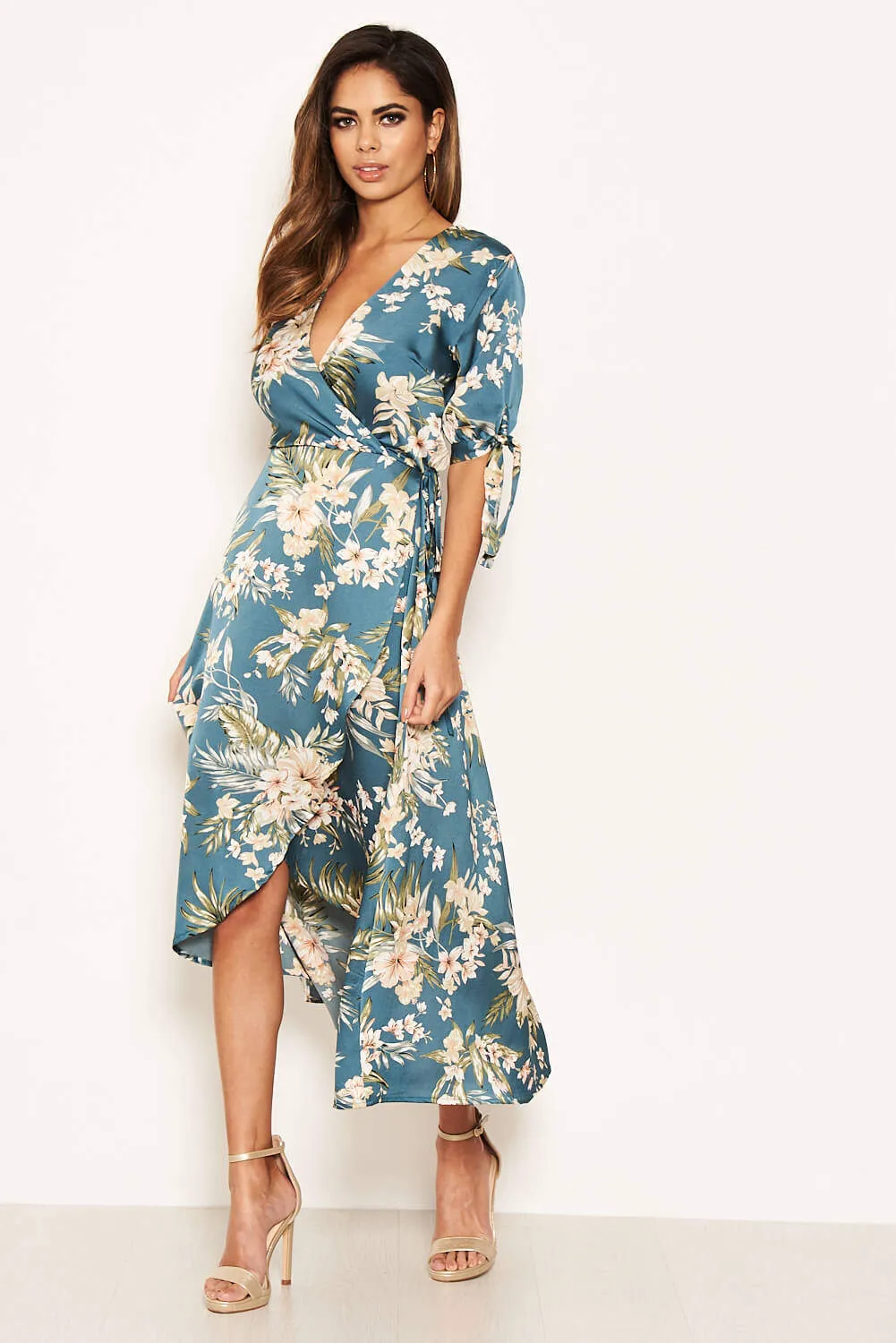 Duck Egg Floral Tie Sleeve Wrap Dress sold by AX Paris product image thumbnail 3