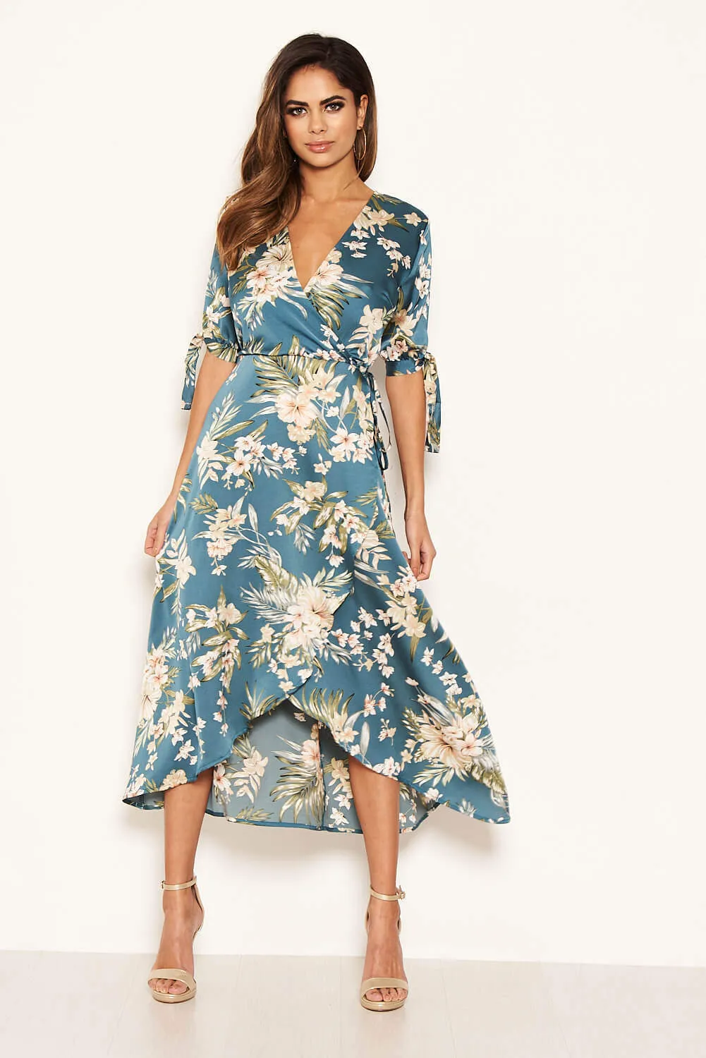 Duck Egg Floral Tie Sleeve Wrap Dress sold by AX Paris product image thumbnail 4