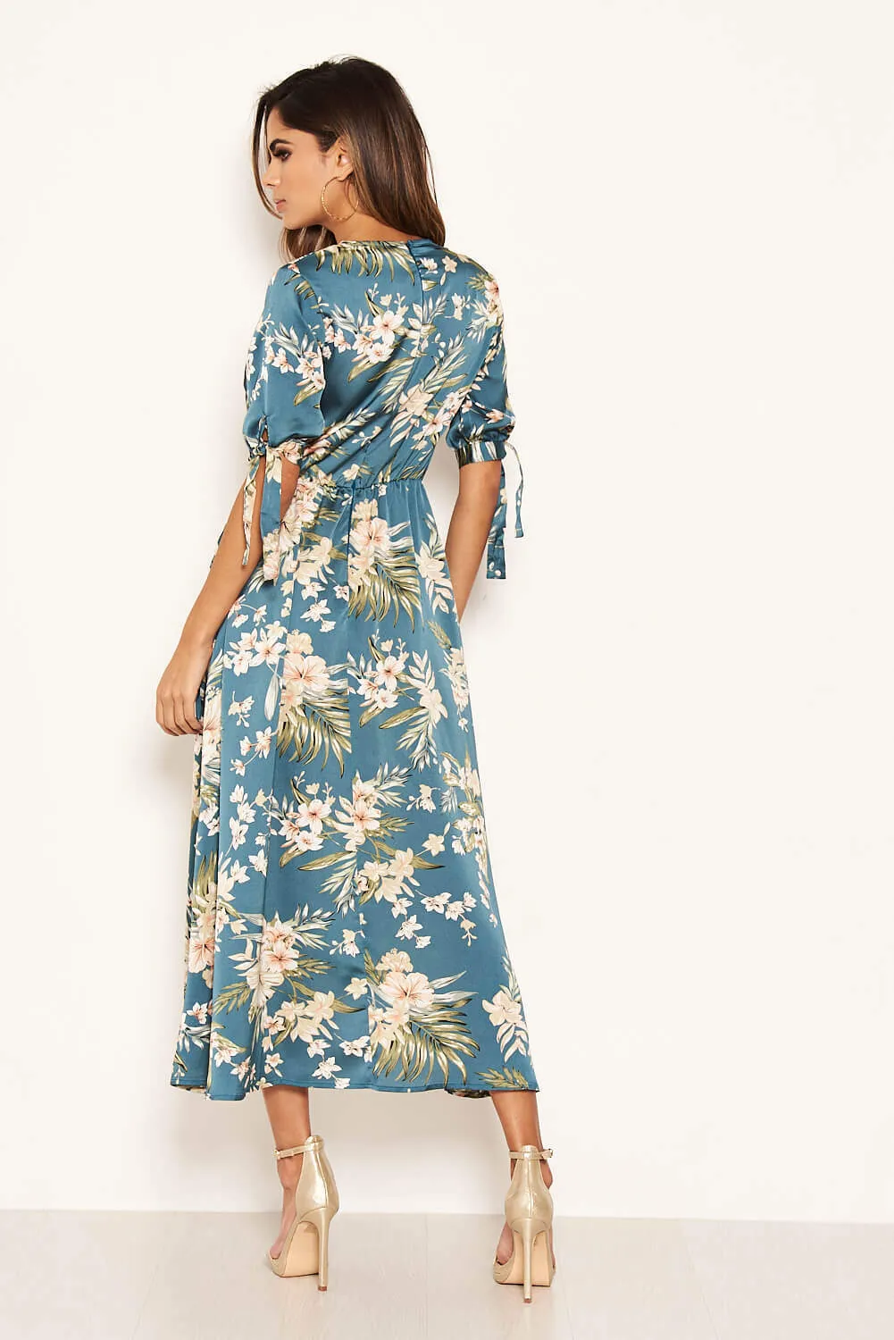 Duck Egg Floral Tie Sleeve Wrap Dress sold by AX Paris product image thumbnail 5