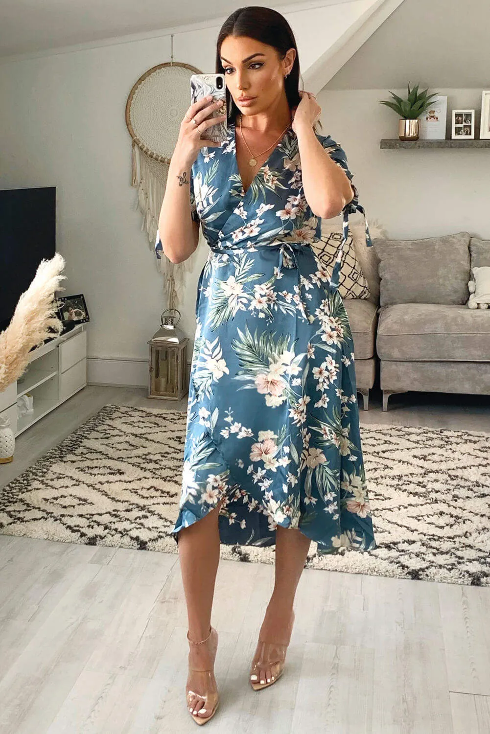 Duck Egg Floral Tie Sleeve Wrap Dress sold by AX Paris product image thumbnail 2