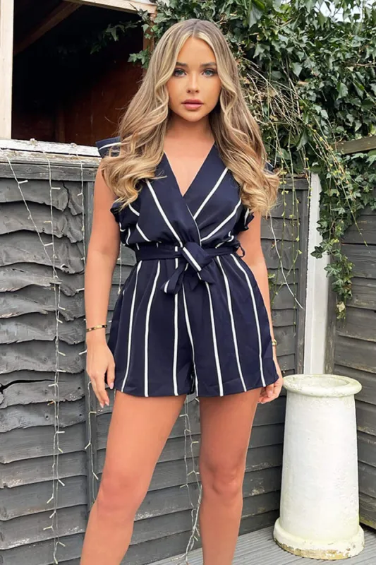 Navy Striped Wrap Top Belted Playsuit sold by AX Paris