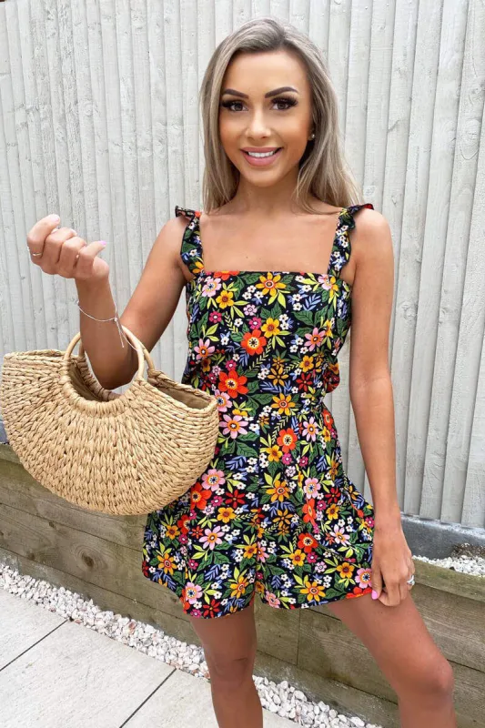Black Bright Floral Frill Strap Playsuit sold by AX Paris