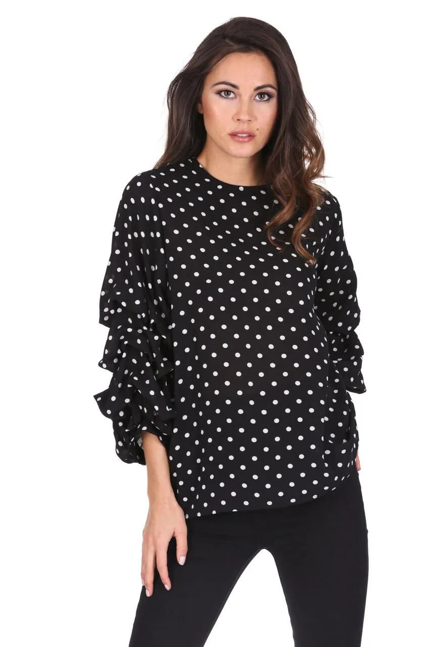 Black Polka Dot Ruffle Sleeve Top sold by AX Paris