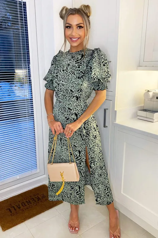 Mint Animal Print Pleat Frill Midi Dress sold by AX Paris