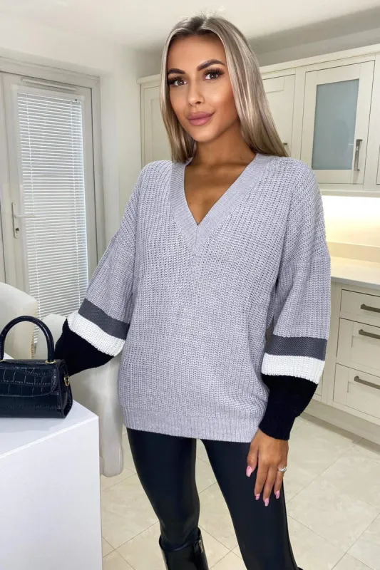 Silver Striped Sleeve Knitted Jumper sold by AX Paris