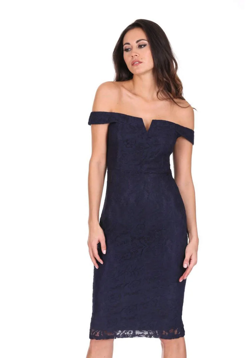 Navy Lace Bardot Midi Dress sold by AX Paris