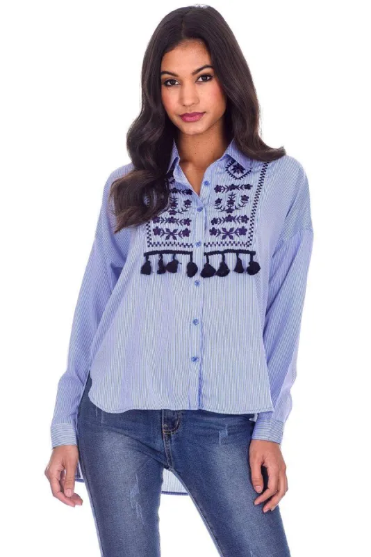 Blue Striped Embroidery Sleeved Shirt sold by AX Paris