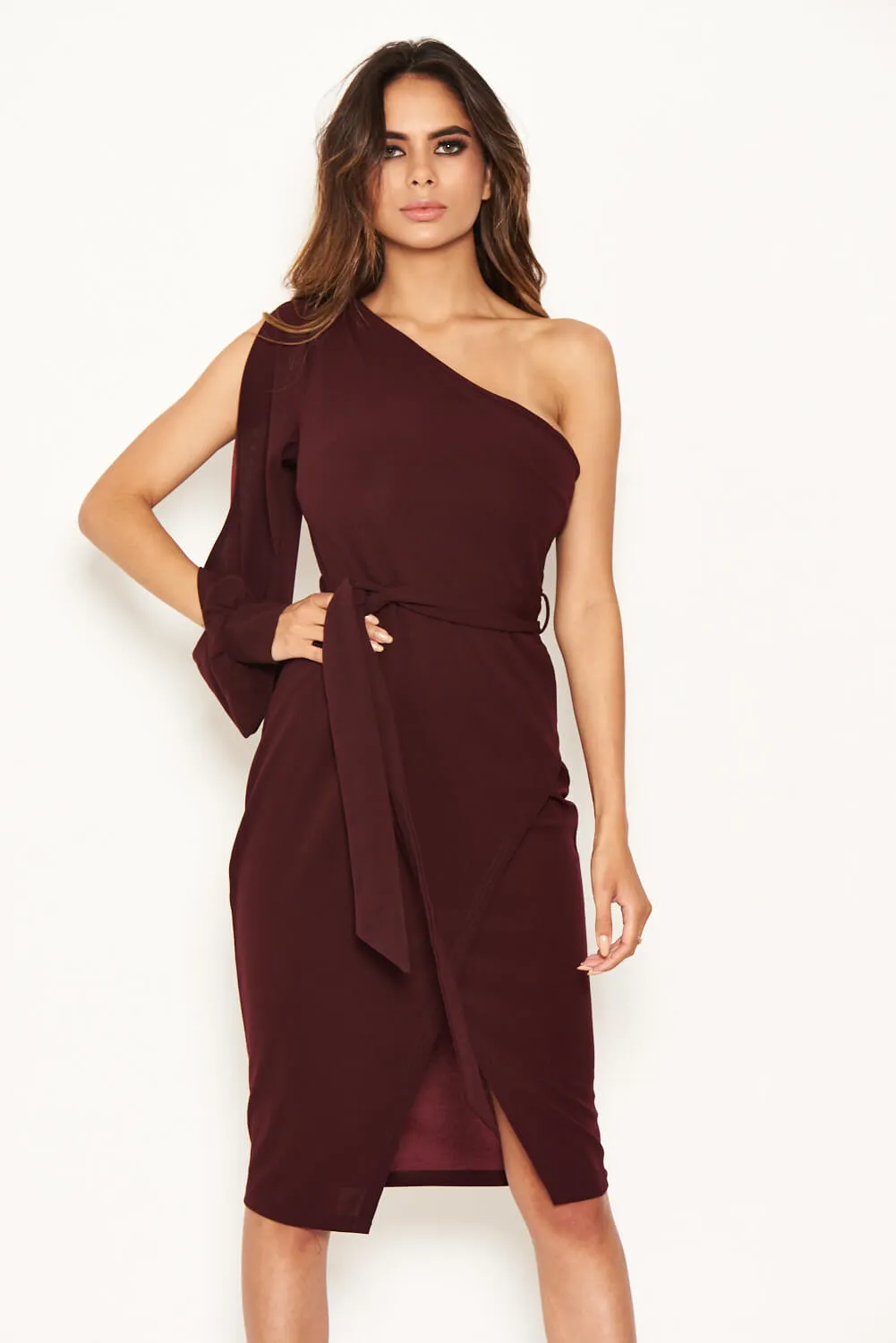 Plum Split Sleeve One Shoulder Bodycon Midi Dress sold by AX Paris