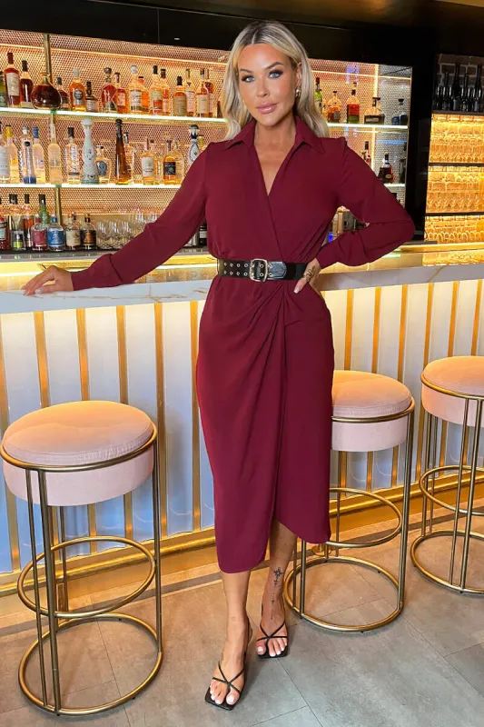 Wine Belted Wrap Midi Shirt Dress sold by AX Paris