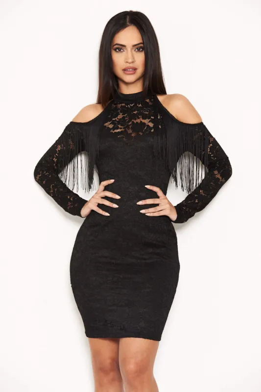 Black Lace Fringe Detailed Dress sold by AX Paris