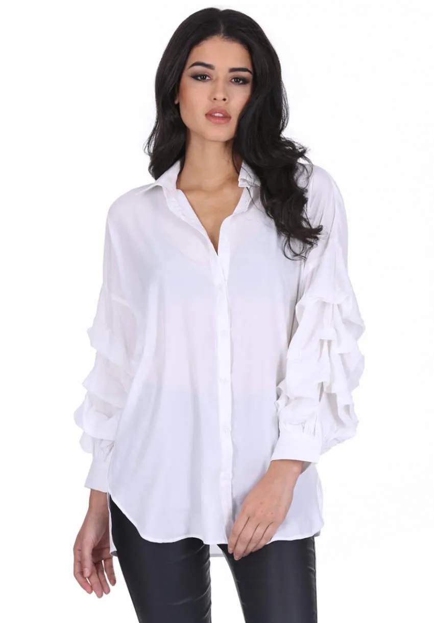 White Ruffle Sleeve Shirt sold by AX Paris