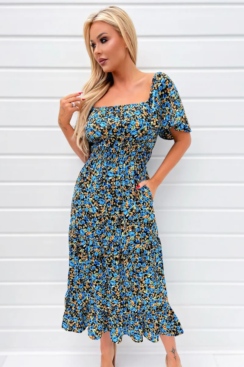 Blue Floral Printed Flutter Sleeve Midi Smock Dress sold by AX Paris product image thumbnail 3
