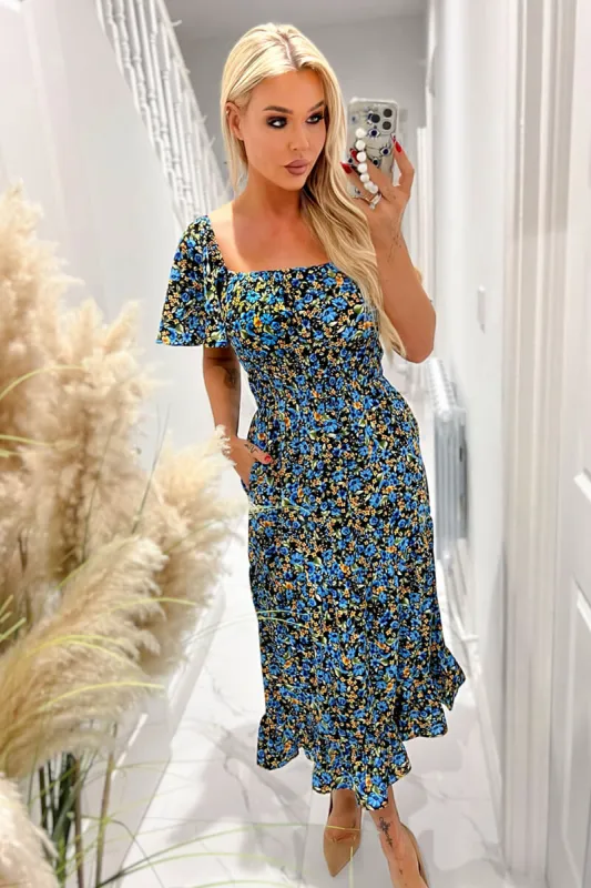 Blue Floral Printed Flutter Sleeve Midi Smock Dress sold by AX Paris