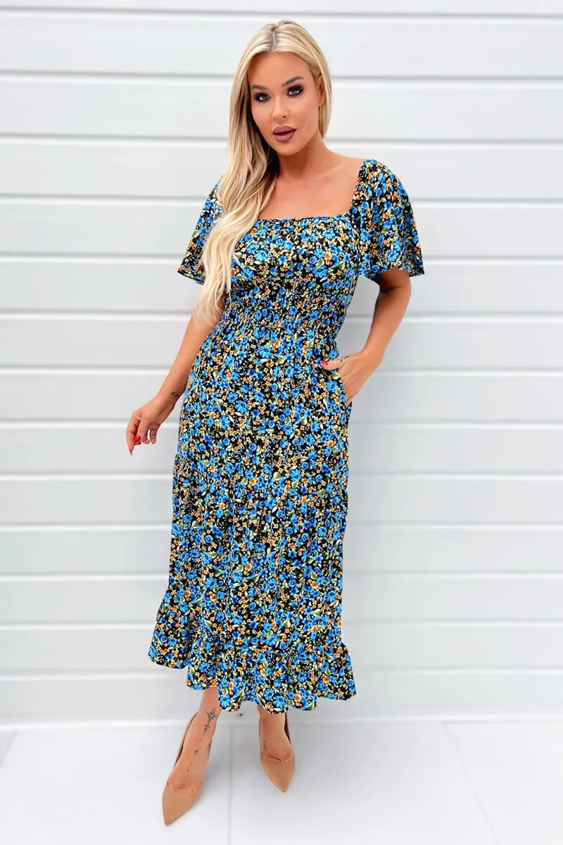 Blue Floral Printed Flutter Sleeve Midi Smock Dress sold by AX Paris product image thumbnail 2