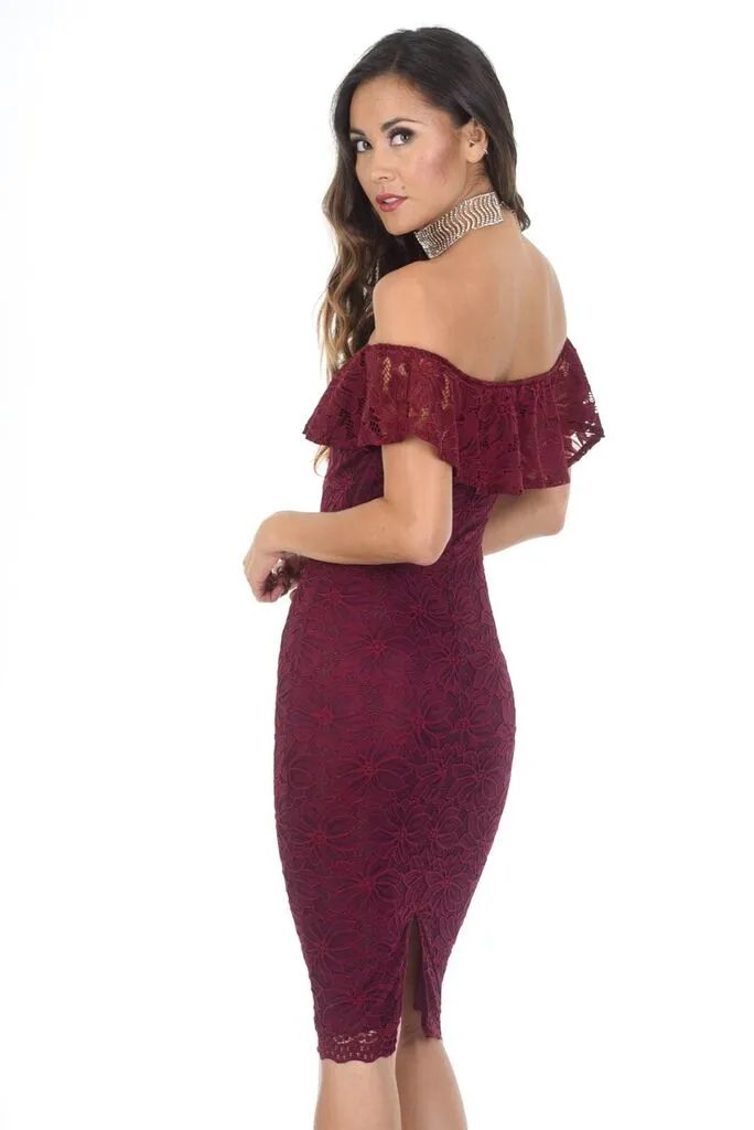 Wine Ruffled Off The Shoulder Lace Midi Dress sold by AX Paris product image thumbnail 3