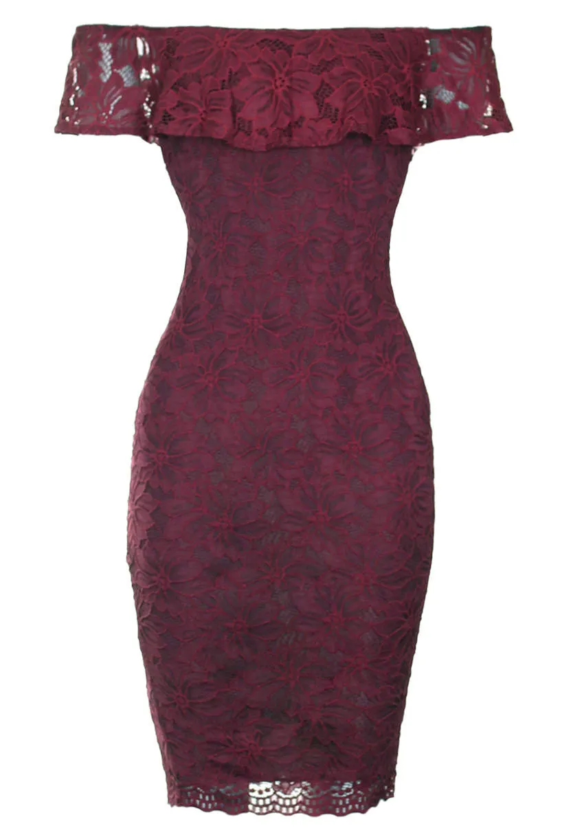 Wine Ruffled Off The Shoulder Lace Midi Dress sold by AX Paris product image thumbnail 4