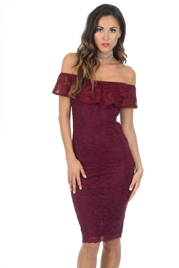 Wine Ruffled Off The Shoulder Lace Midi Dress sold by AX Paris product image thumbnail 2