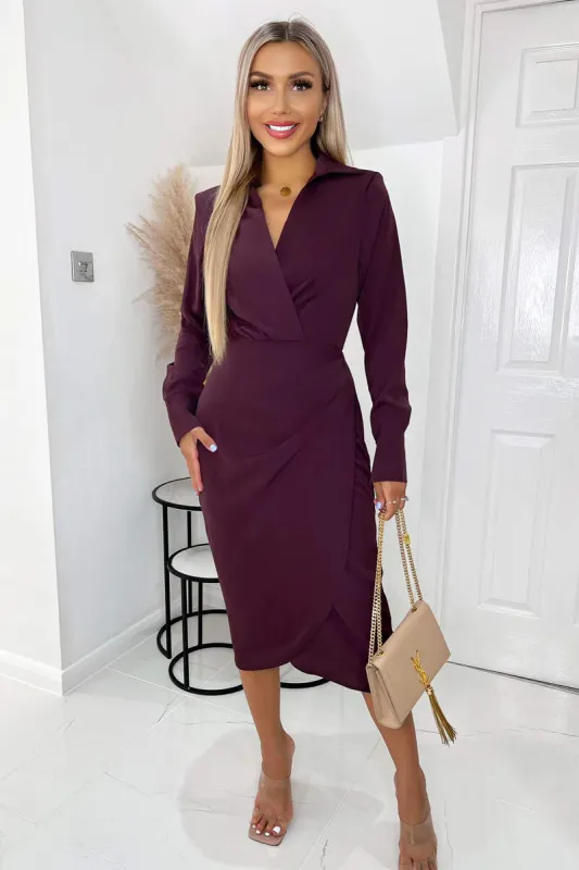 Plum Long Sleeve Midi Dress With Shoulder Pads sold by AX Paris