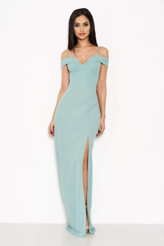 Duck Egg Strappy Off The Shoulder Side Split Maxi Dress sold by AX Paris