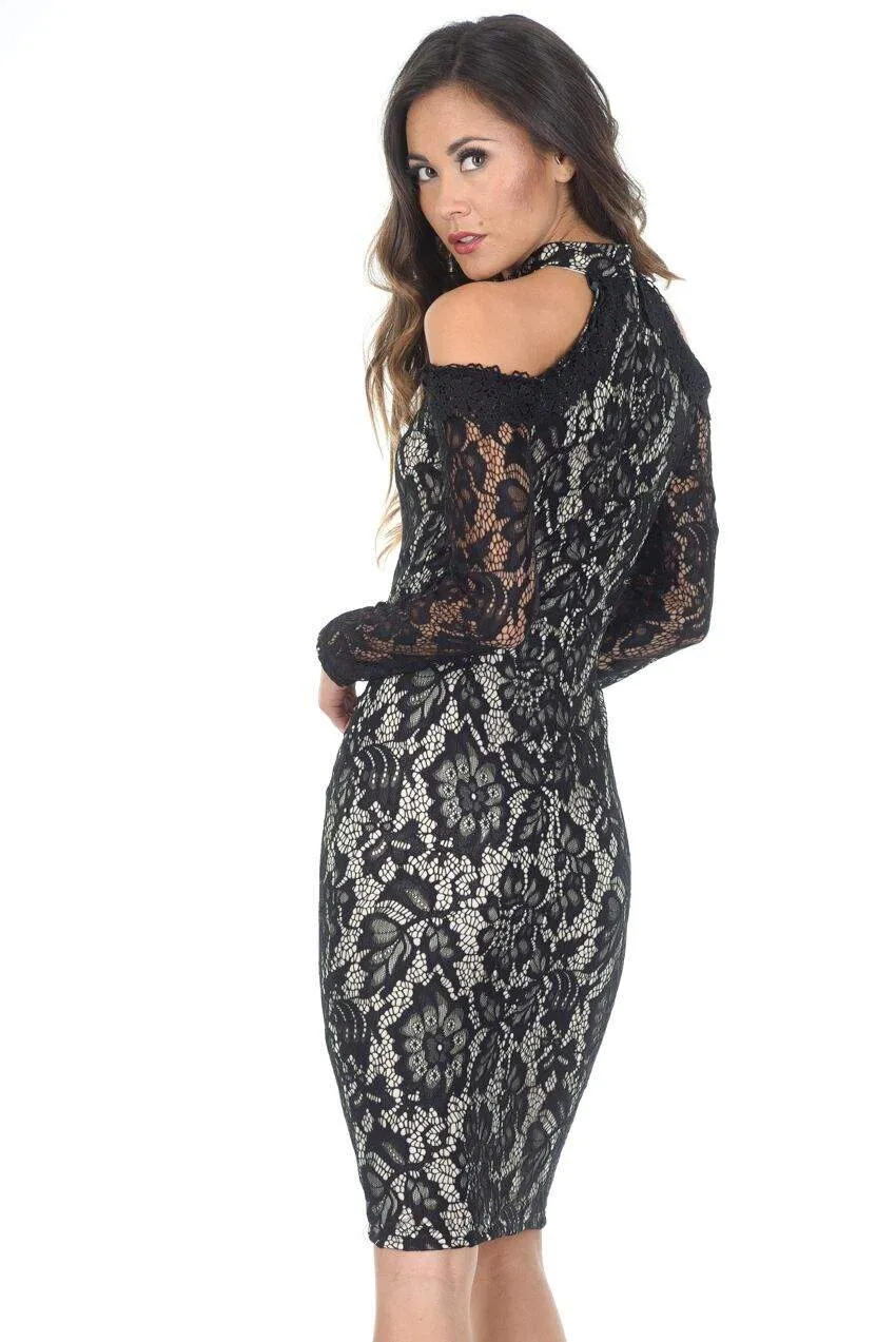 Black and Nude Midi High Neck Lace Dress sold by AX Paris product image thumbnail 3