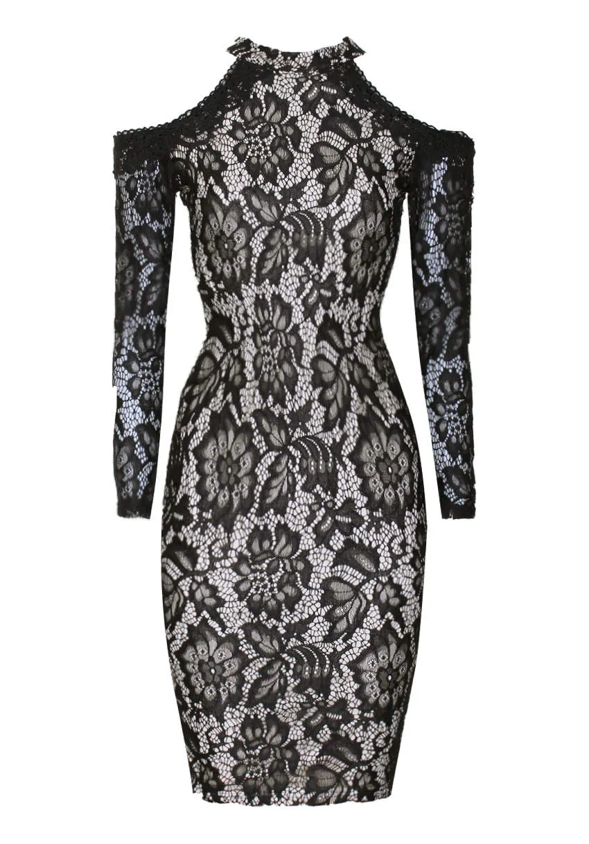 Black and Nude Midi High Neck Lace Dress sold by AX Paris product image thumbnail 4