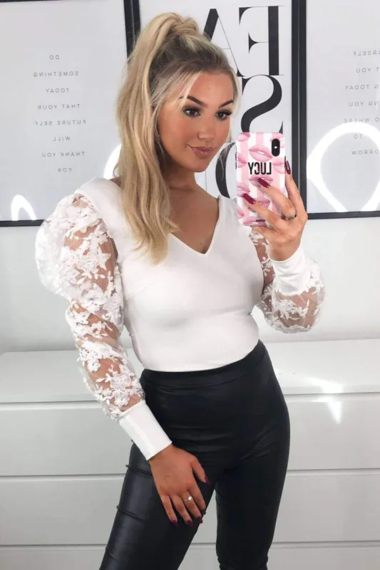 Cream Embroidered Puff Sleeve Bodysuit sold by AX Paris