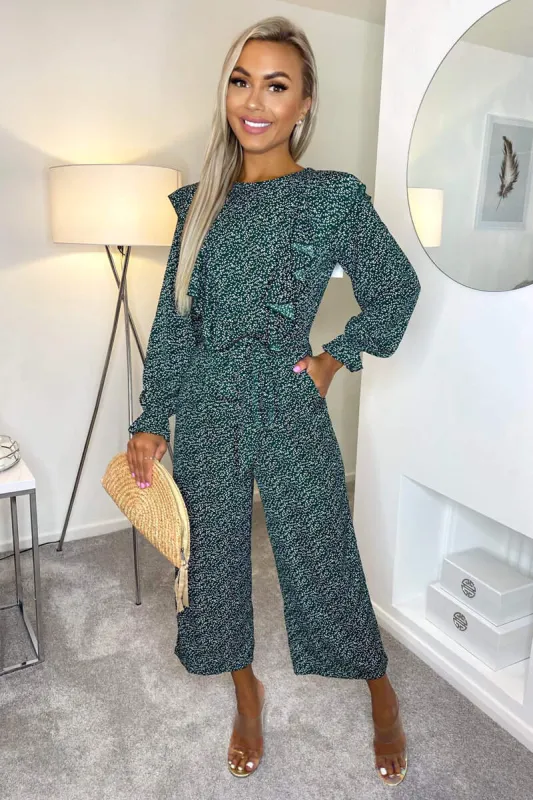 Forest Green Printed Frill Front Tie Jumpsuit sold by AX Paris