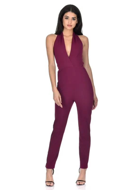 Plum Halter Neck Jumpsuit sold by AX Paris